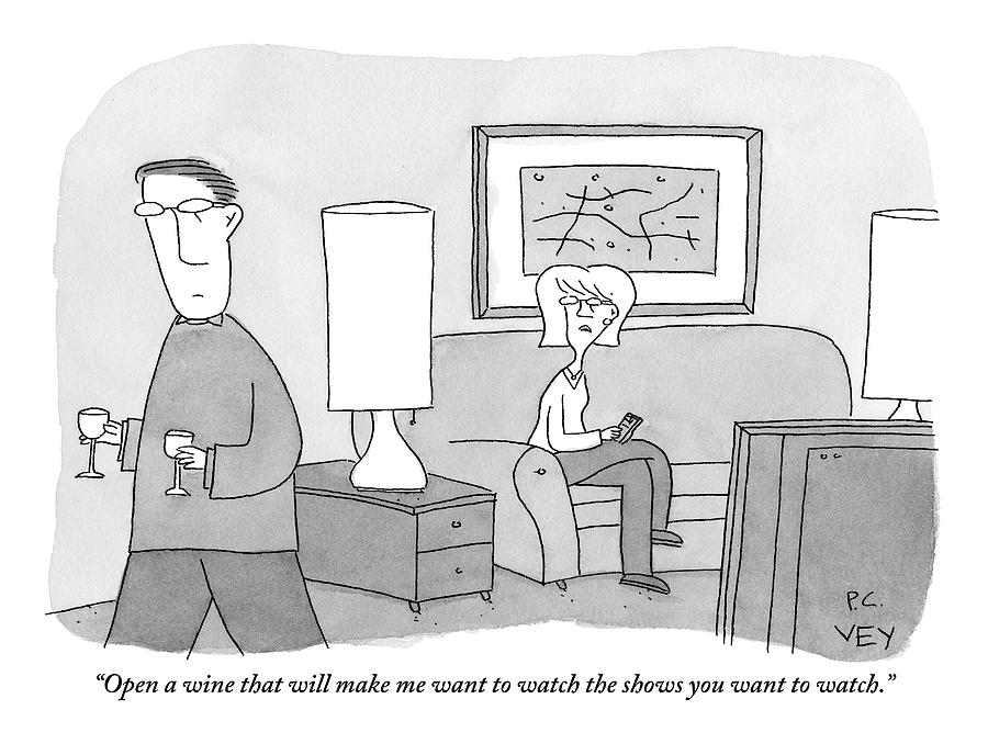 Couple's Humorous Wine Discussion Drawing - A Woman Seated On A Couch In Front by Peter C. Vey