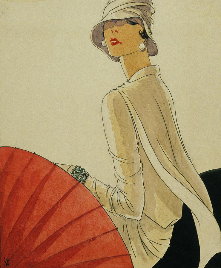 Elegant Woman with Red Parasol Digital Art - A Woman Sitting Wearing A White Jacket And Pearl by Porter Woodruff