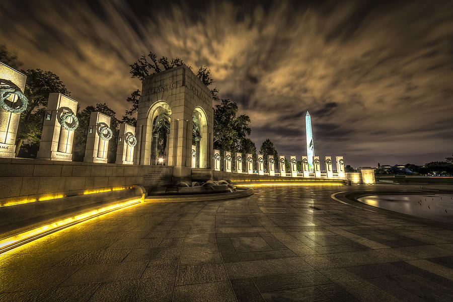Nighttime View of Washington Monument Photograph - Atlantic Side of the World War II Memorial by David Morefield