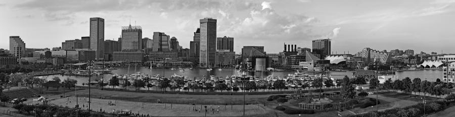 Baltimore Harbor Skyline Panorama BW Photograph by Susan Candelario