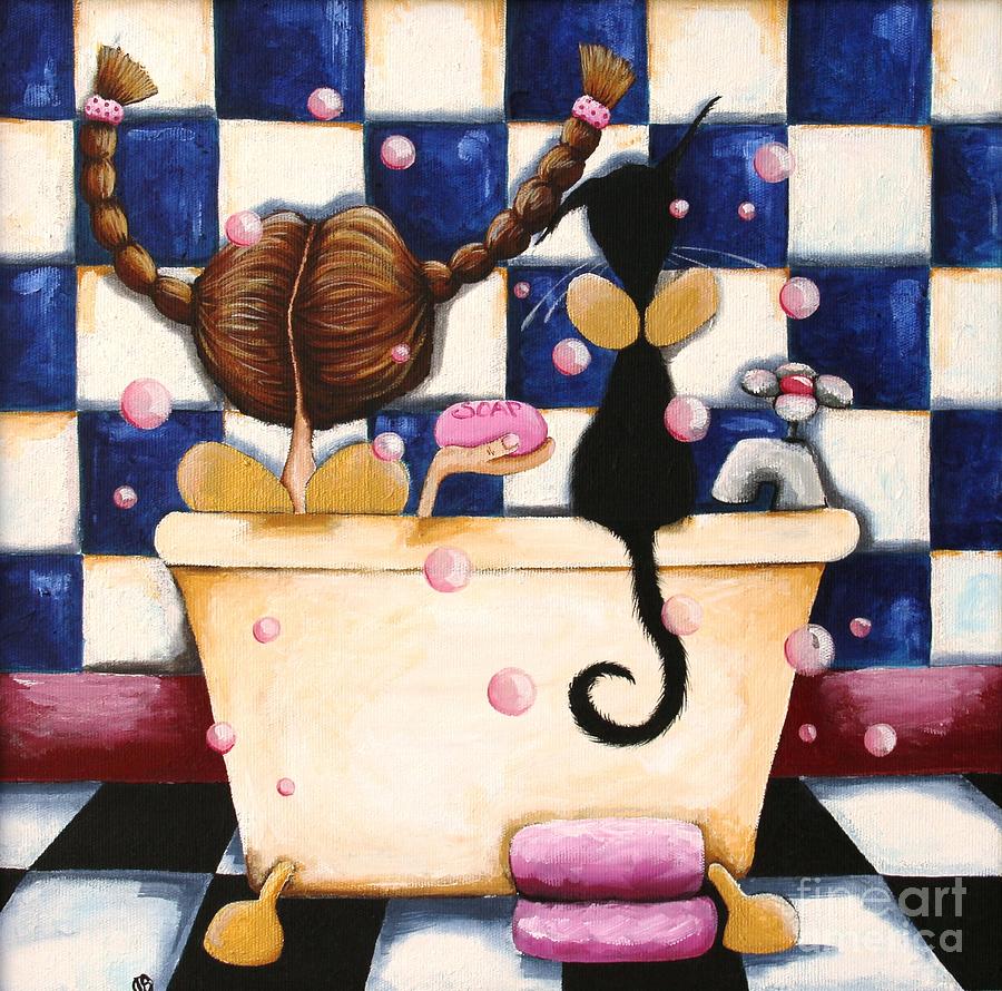 Girl and Cat in Bathtub Painting - Bathtime Angels by Lucia Stewart