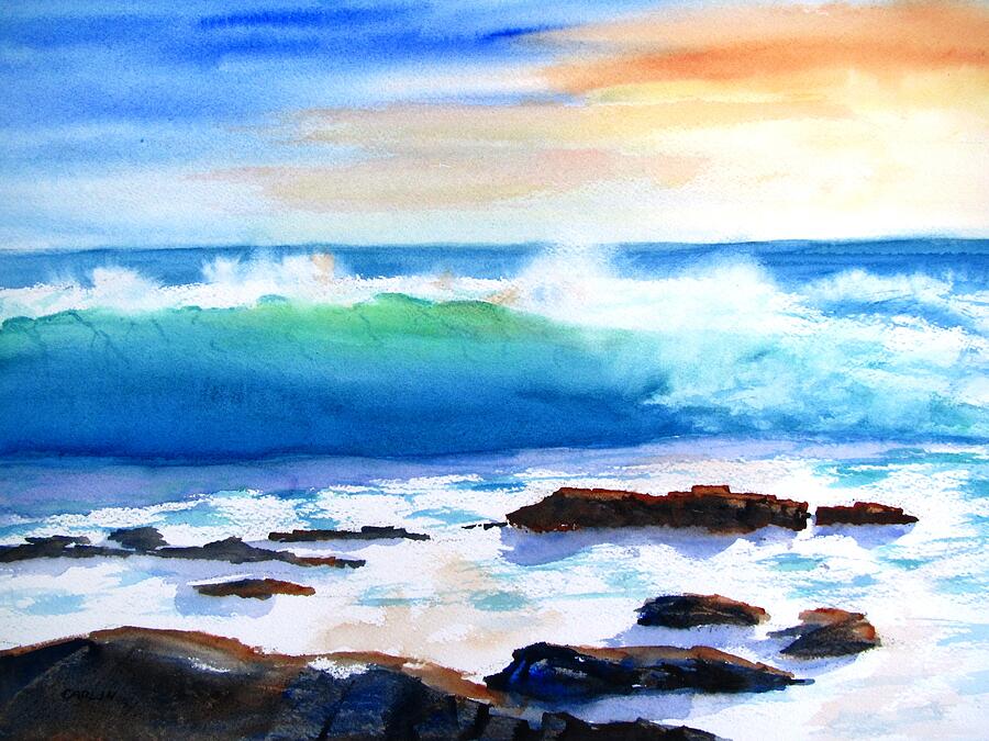 Blue Water Wave crashing on Rocks Painting by Carlin Blahnik CarlinArtWatercolor