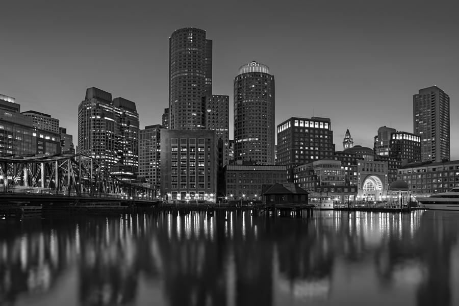 Boston Skyline at Dusk Photograph - Boston Skyline Seaport District BW by Susan Candelario