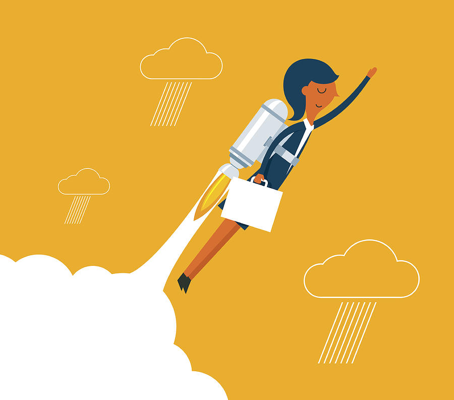 Businesswoman with a rocket rising Drawing by Sorbetto