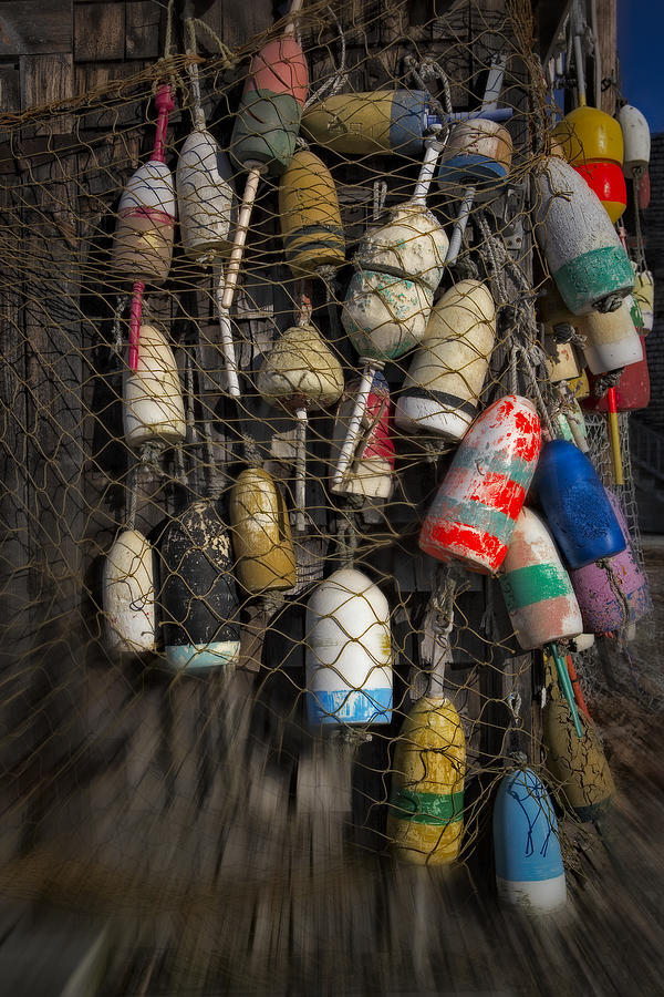 Colorful Fishing Buoys in a Net Photograph - Cape Neddick Lobster Buoys by Susan Candelario