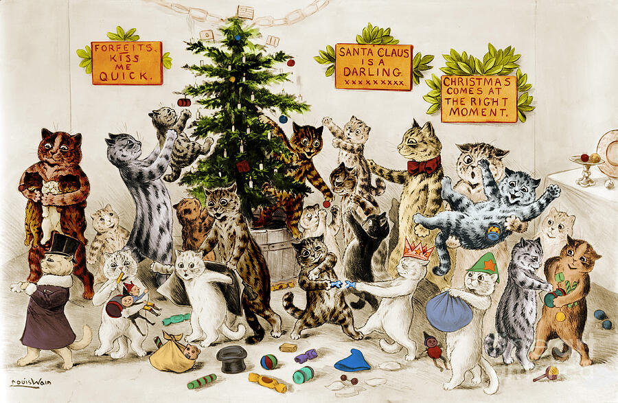 Funny Antique Victorian Style Christmas Card, Cats Decorating and