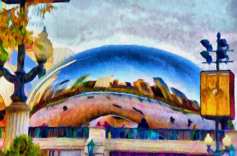 Colorful Urban Reflection Scene Painting - Chicago Reflected by Jeffrey Kolker