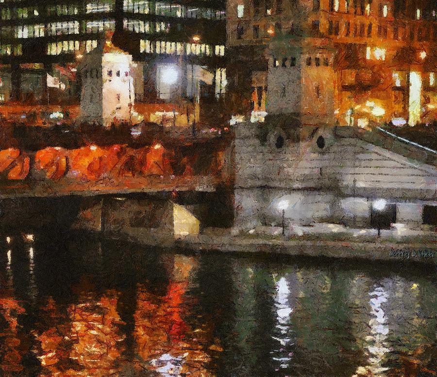 Cityscape Reflected in River Painting - Chicago River at Michigan Avenue by Jeffrey Kolker