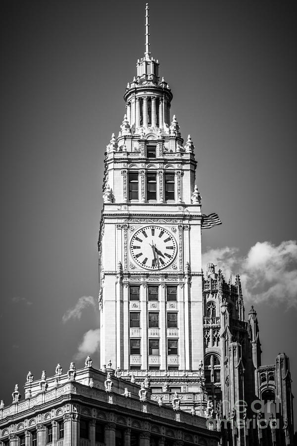 Chicago Wrigley Building Clock Black and White Picture Photograph by Paul Velgos