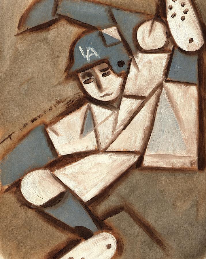 Cubist Baseball Player Painting - Cubism LA Dodgers Baserunner Painting by Tommervik