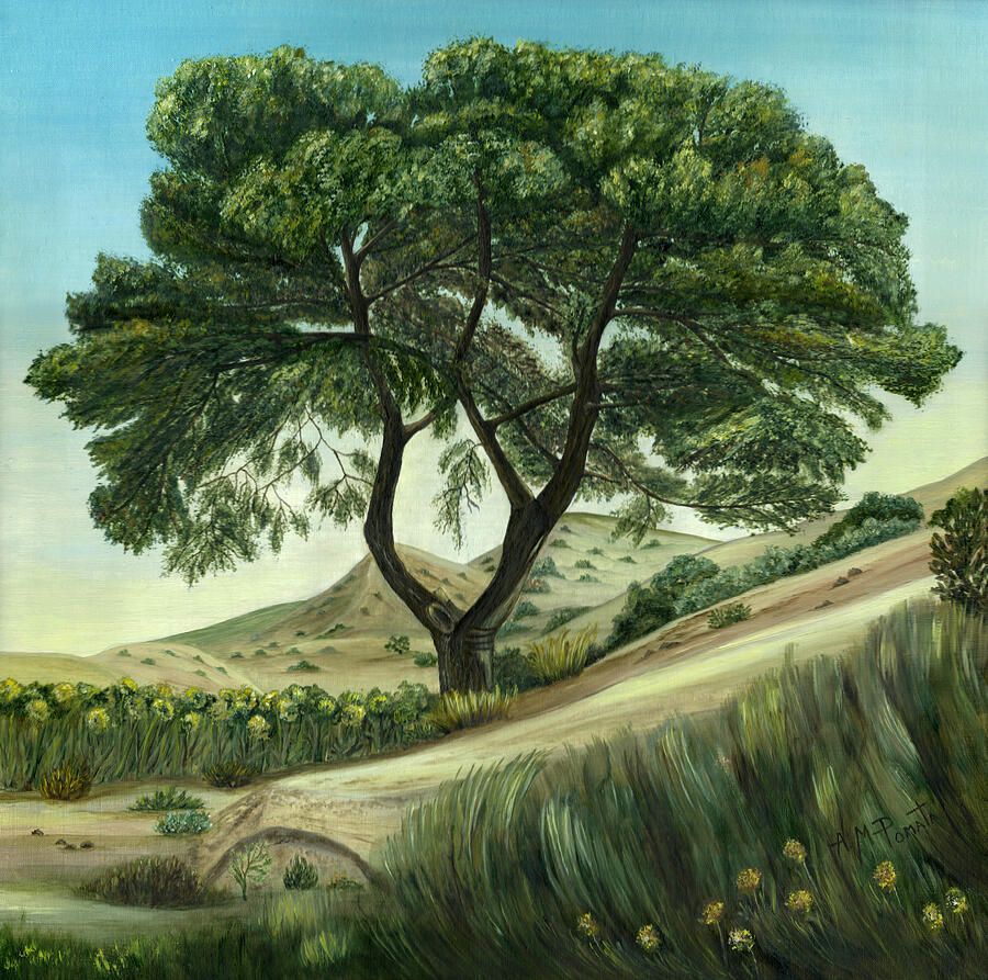 Serene Tree on a Hillside Painting - Desert Pine by Angeles M Pomata