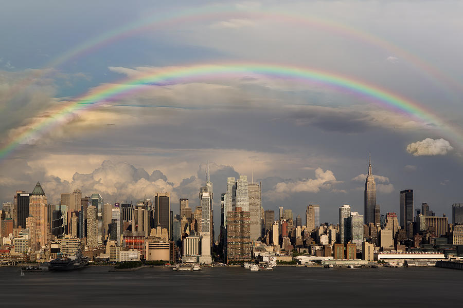 New York City Skyline with Double Rainbow Photograph - Double Rainbow Over NYC by Susan Candelario