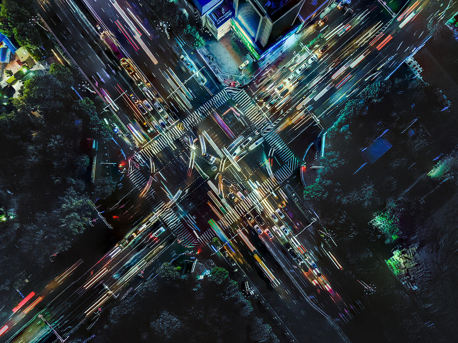 Drone Point View of City Street Crossing at Rush Hour Photograph by Wenjie Dong
