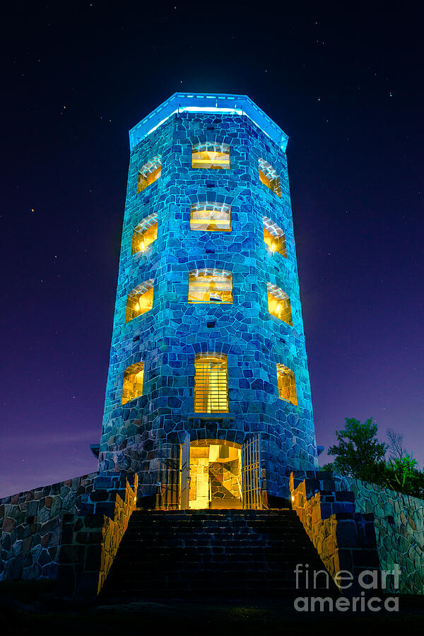 Illuminated Stone Tower at Night Photograph - Enger After Dark by Duluth To Door County Photography