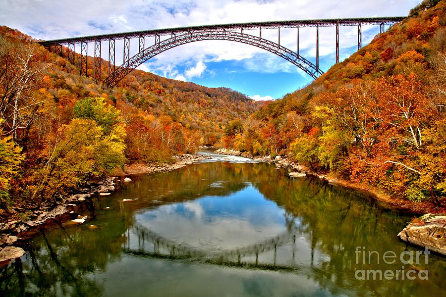 Majestic Autumn Bridge Reflection Photograph - Flaming Fall Foliage At New River Gorge by Adam Jewell