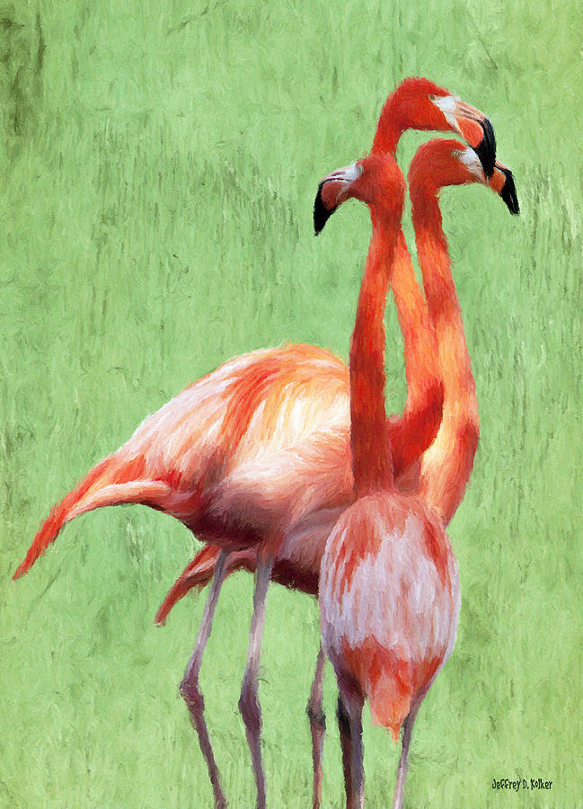 Graceful Flamingos in Vibrant Display Painting - Flamingo Twist by Jeffrey Kolker