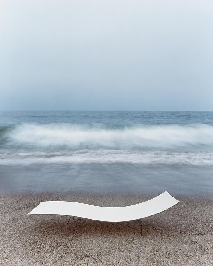 Minimalist Beach Scene with Waves Photograph - Flexy Batyline Mesh Curve Chaise On Malibu Beach by Simon Watson