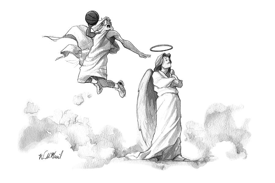 Basketball Angel and Player Drawing - G-d Slam Dunks On An Angels Halo by Will McPhail