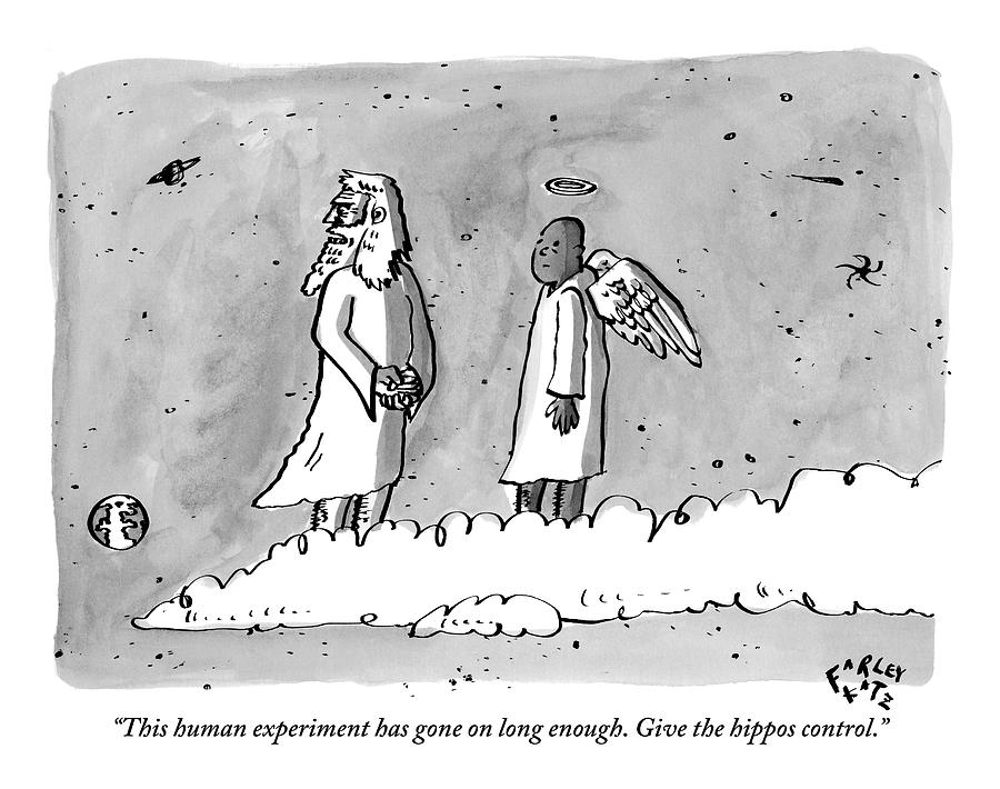 God and Angel Discuss Humanity Drawing - God Is Seen Standing On A Cloud Talking To An by Farley Katz