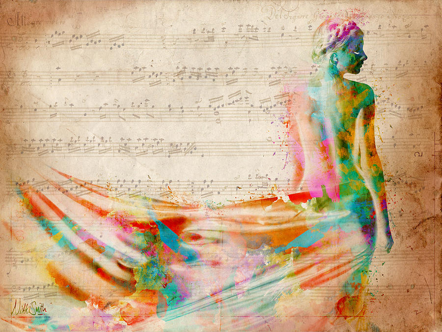Colorful Silhouette over Sheet Music Digital Art - Goddess of Music by Nikki Smith