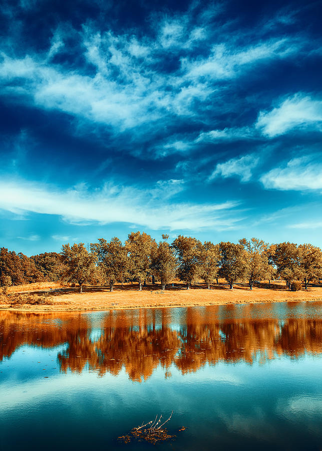 Vivid Lakeside Reflection Photograph - Golden Autumn at Broemmelsiek Park by Bill and Linda Tiepelman