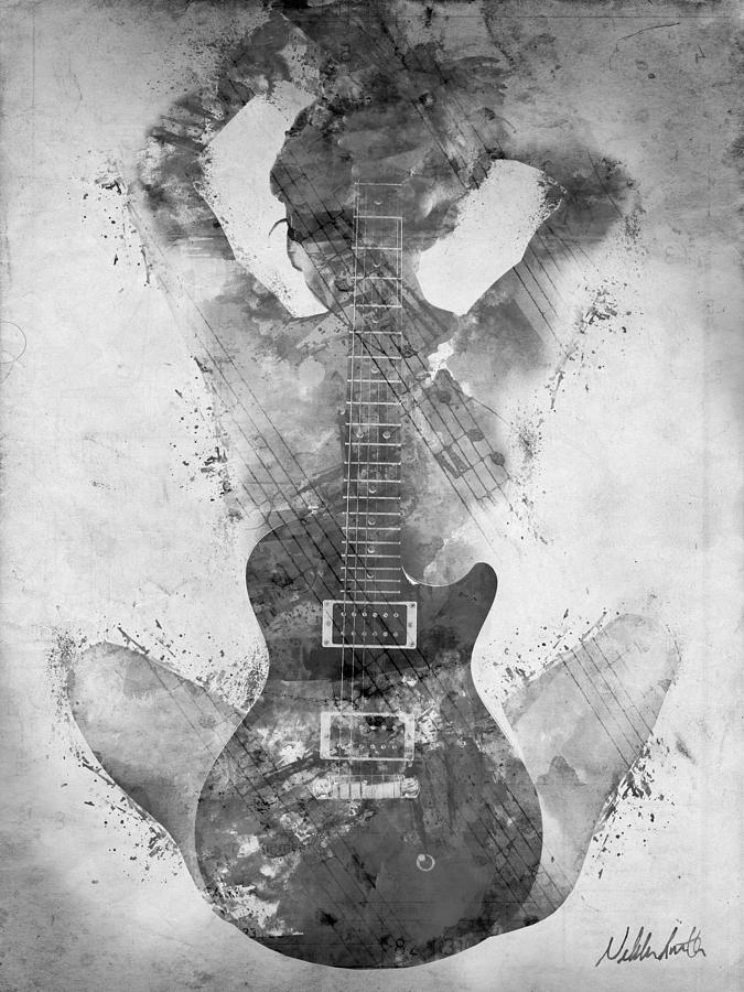 Guitar Silhouette in Monochrome Digital Art - Guitar Siren in Black and White by Nikki Smith
