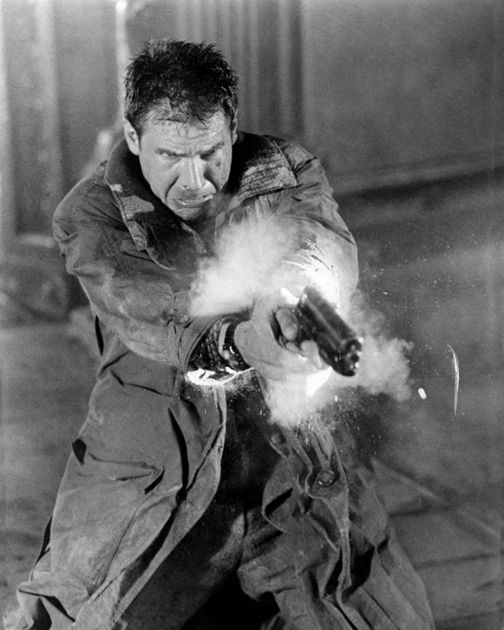 Man Firing Gun in Dramatic Scene Photograph - Harrison Ford in Blade Runner by Silver Screen