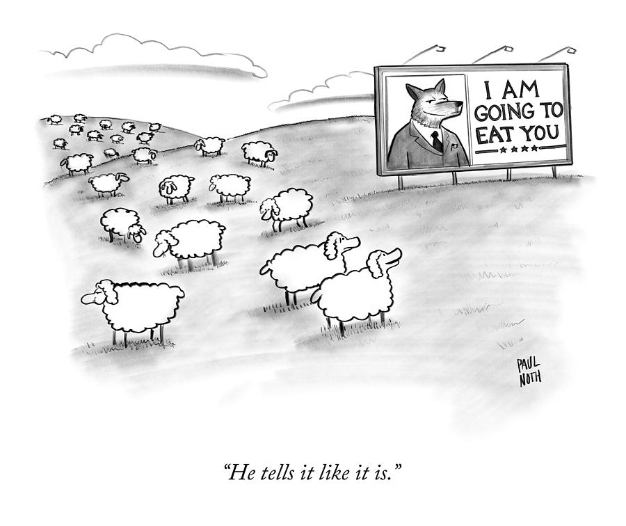 Sheep Facing Fox Billboard Drawing - He Tells It Like It Is by Paul Noth