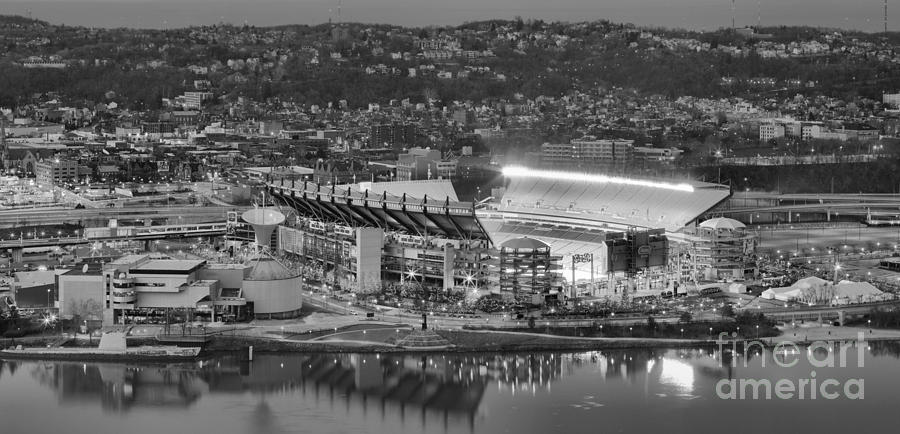 City Skyline with Illuminated Stadium Photograph - Heinz Field Evening Black And White Panorama by Adam Jewell