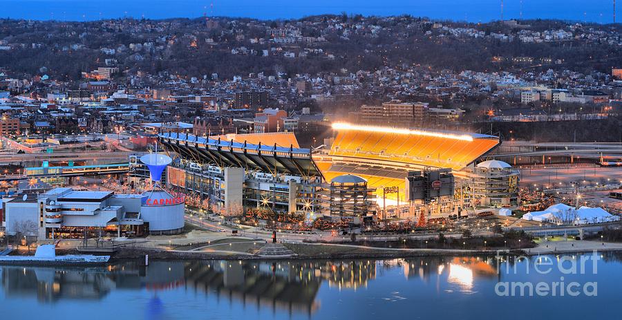 Heinz Field Stadium at Dusk Photograph - Heinz Field Reflections In The Ohio by Adam Jewell