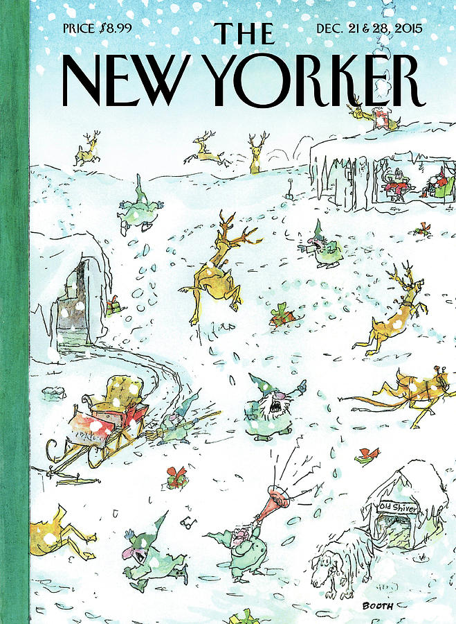 Winter Scene with Reindeer and Elves Painting - Holiday Spirit by George Booth