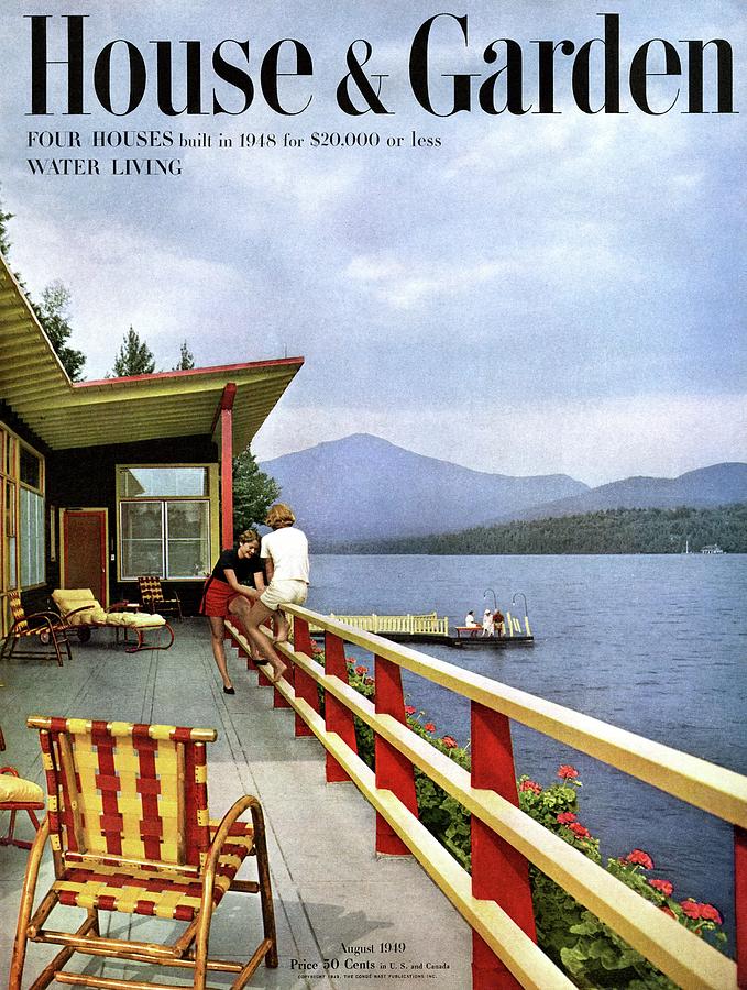 Lakeside Retreat in the 1940s Photograph - House & Garden Cover Of Women Sitting On The Deck by Robert M. Damora
