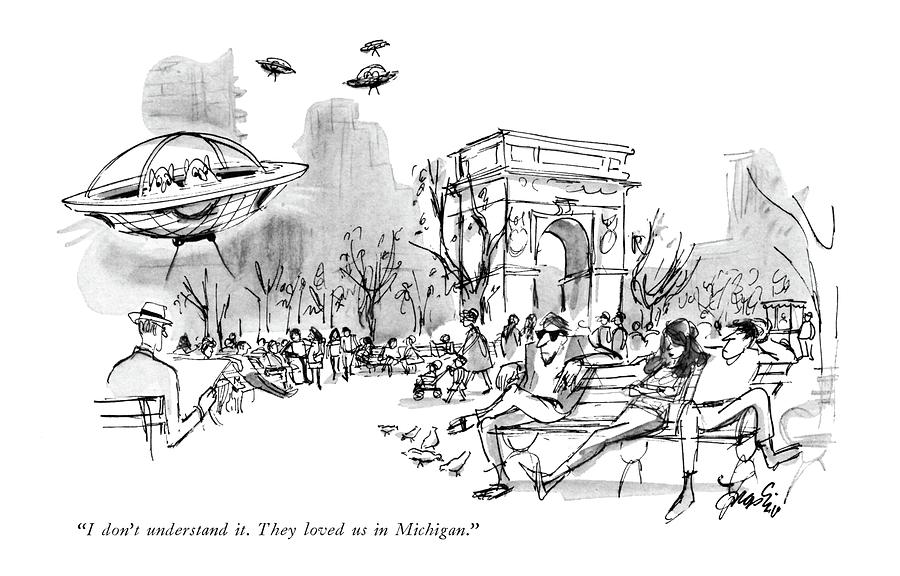 Alien Encounter in the Park Drawing - I Dont Understand It. They Loved Us In Michigan by Edward Frascino