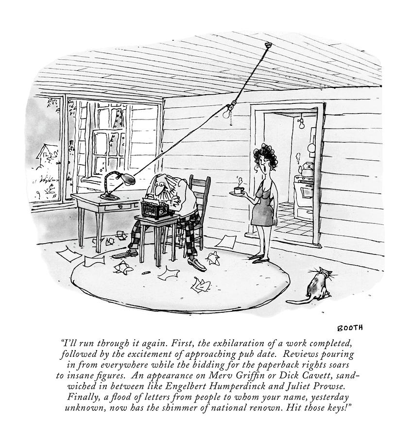 Writer's Block Cartoon Drawing - Ill Run Through It Again. First by George Booth