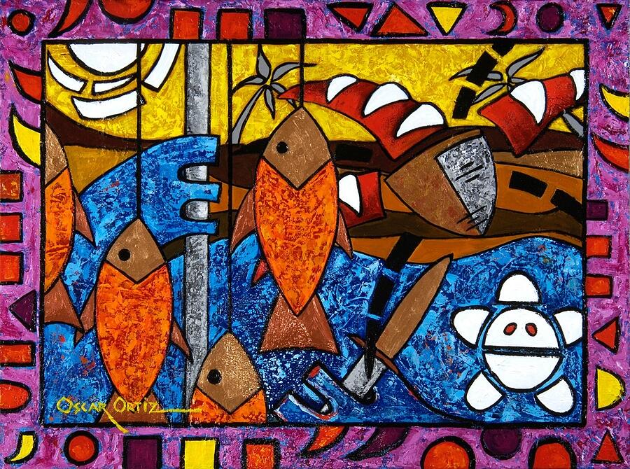 Colorful Caribbean Fishing Scene Painting - La pesca virgen de un hombre honrado by Oscar Ortiz