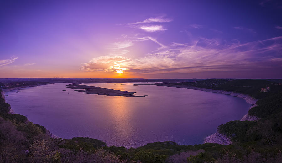Purple Twilight Over Quiet Lake Photograph - Lake Travis Sunset by David Morefield