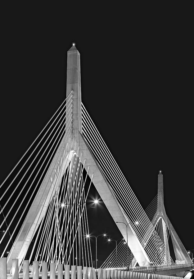 Night View of Cable-Stayed Bridge Photograph - Leonard P. Zakim Bunker Hill Memorial Bridge BW II by Susan Candelario
