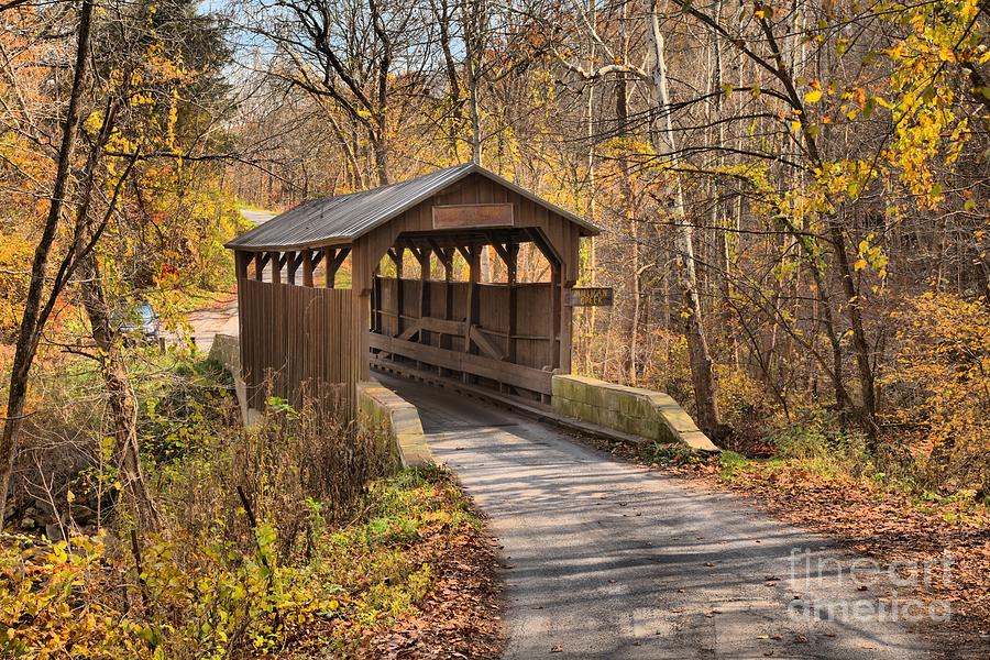 Rustic Covered Bridge in Autumn Forest Photograph - Lewisburg West Virginia Covered Bridge by Adam Jewell