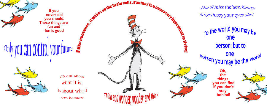 Cat in the Hat and Colorful Fish Digital Art - Life Words - Dr Seuss by Georgia Clare