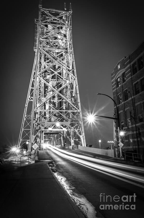Nighttime View of Steel Lift Bridge Photograph - Lightspeed Through The Lift Bridge by Duluth To Door County Photography