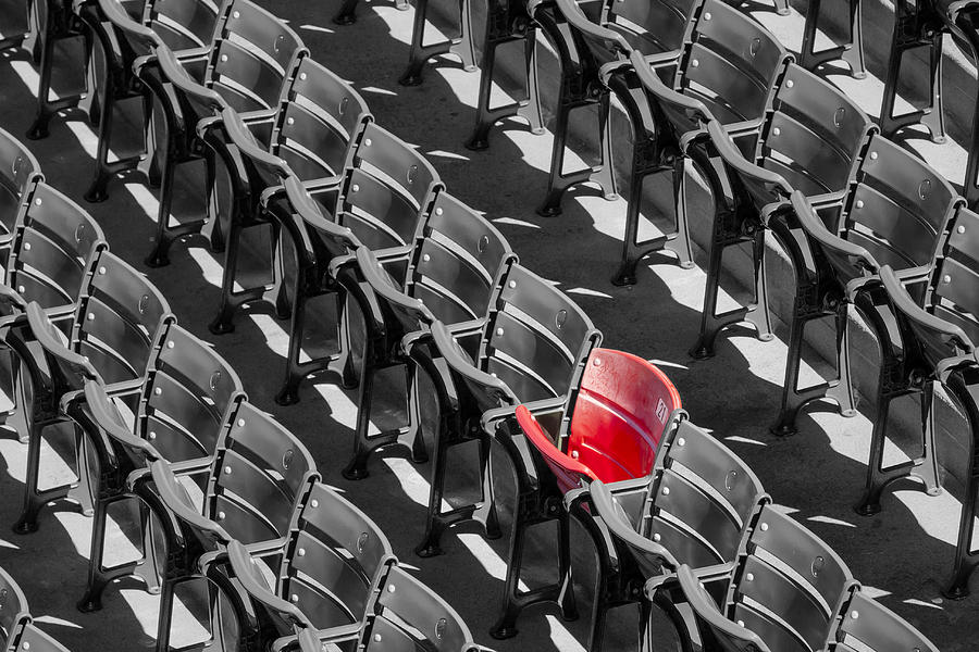 Lone Red Seat in Stadium Photograph - Lone Red Number 21 Fenway Park BW by Susan Candelario
