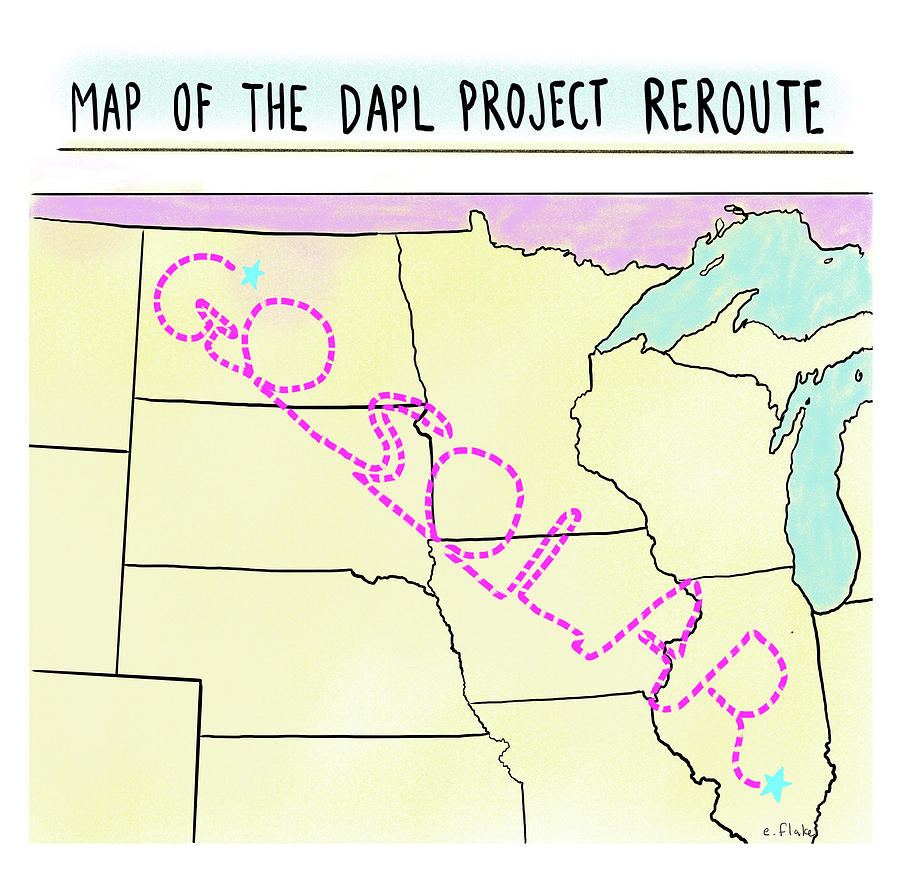 Map Of The Dapl Project Reroute Drawing by Emily Flake