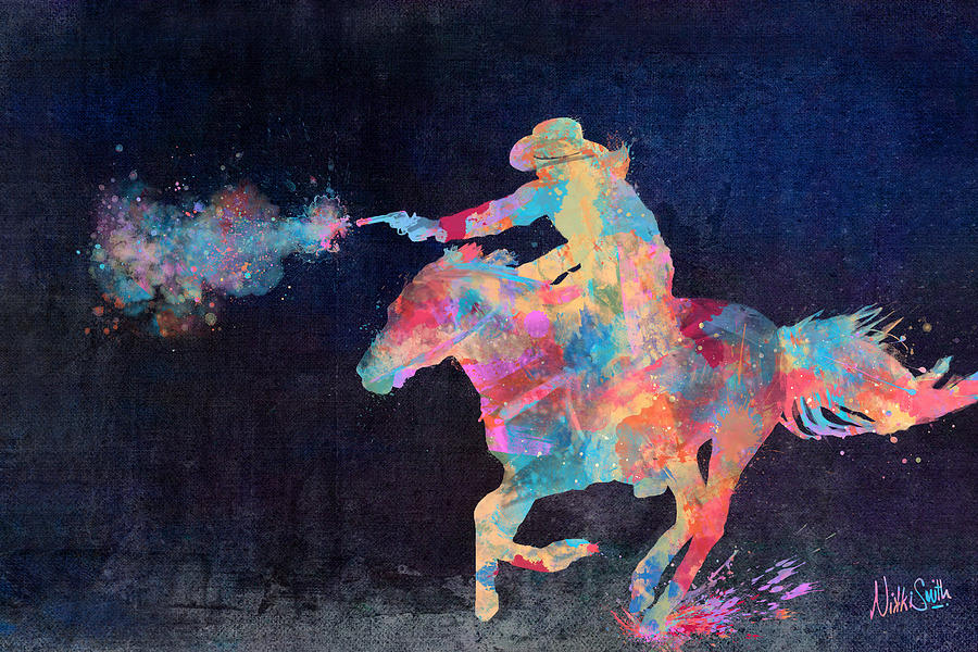 Midnight Cowgirl Galloping in Vibrant Colors Digital Art - Midnight Cowgirls Ride Heaven Help the Fool Who Did Her Wrong by Nikki Marie Smith