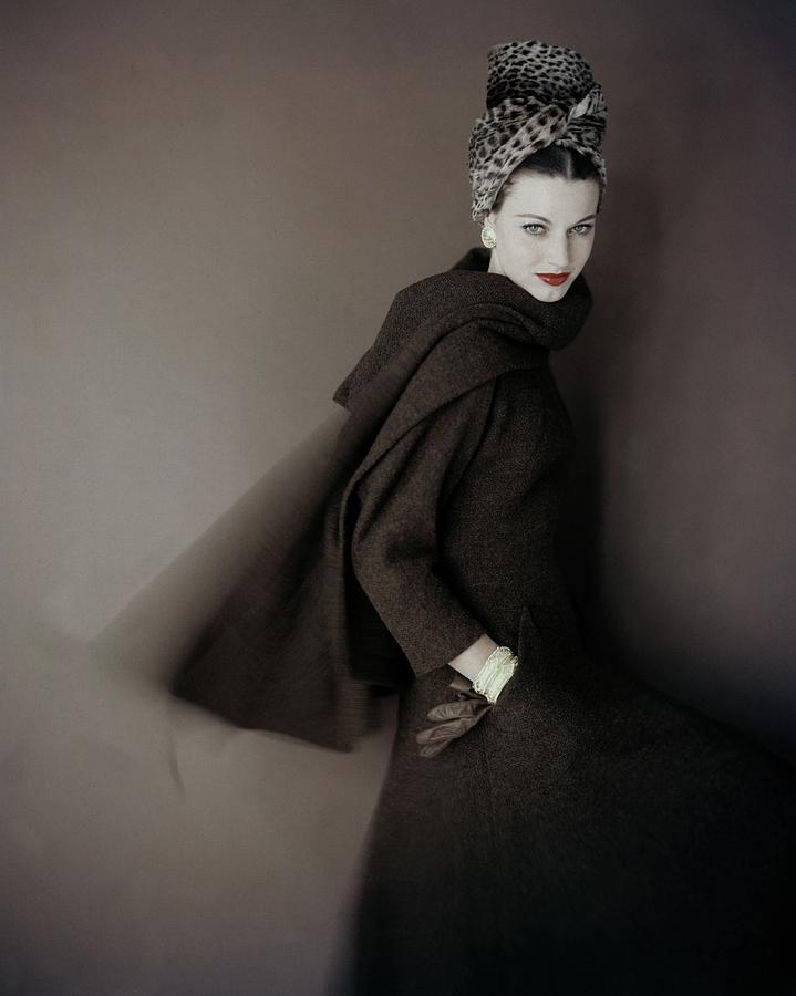 Elegant Woman in Leopard Print Headscarf Photograph - Model Wearing A Brown Tweed Dress by Karen Radkai