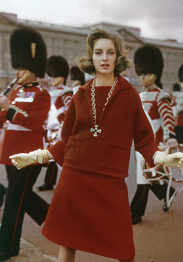 Fashionable Woman at British Ceremony Photograph - Model Wearing A Wool Outfit At Buckingham Palace by Frances McLaughlin-Gill