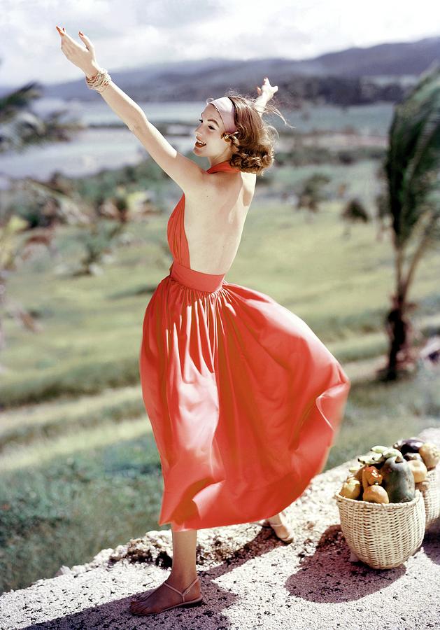 Woman in Red Dress by Tropical Landscape Photograph - Model Wearing Sundress by Frances McLaughlin-Gill
