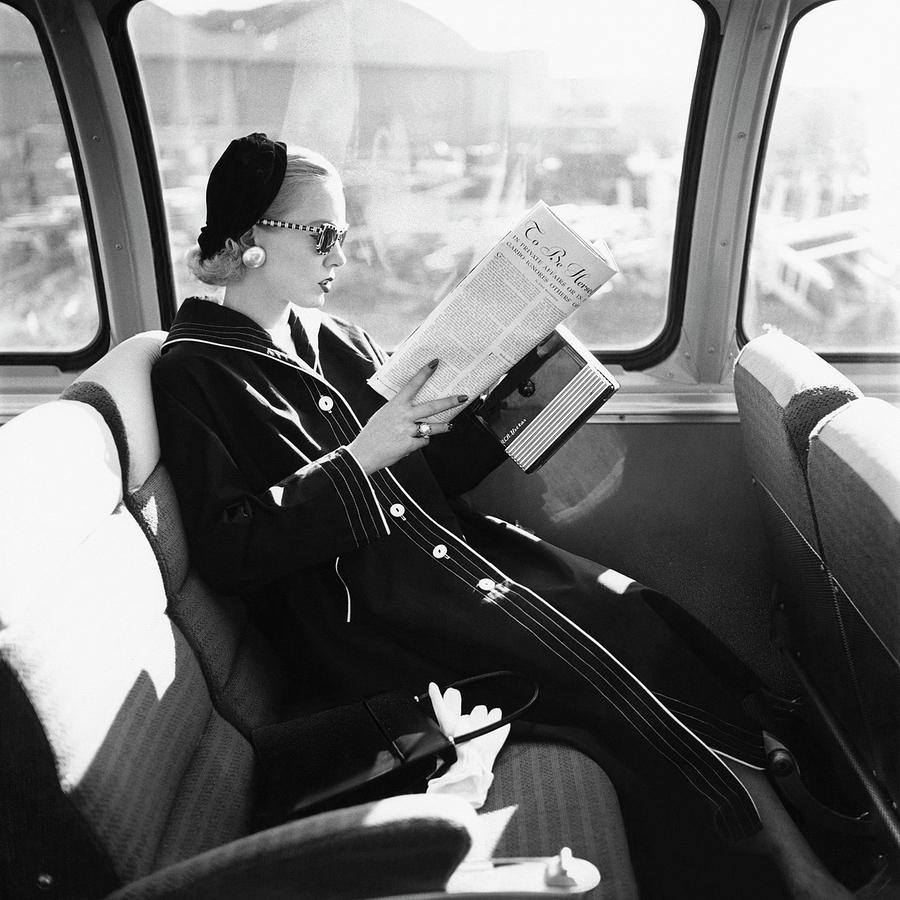 Elegant Woman Reading on a Bus Photograph - Mrs. William McManus Reading On A Train by Leombruno-Bodi