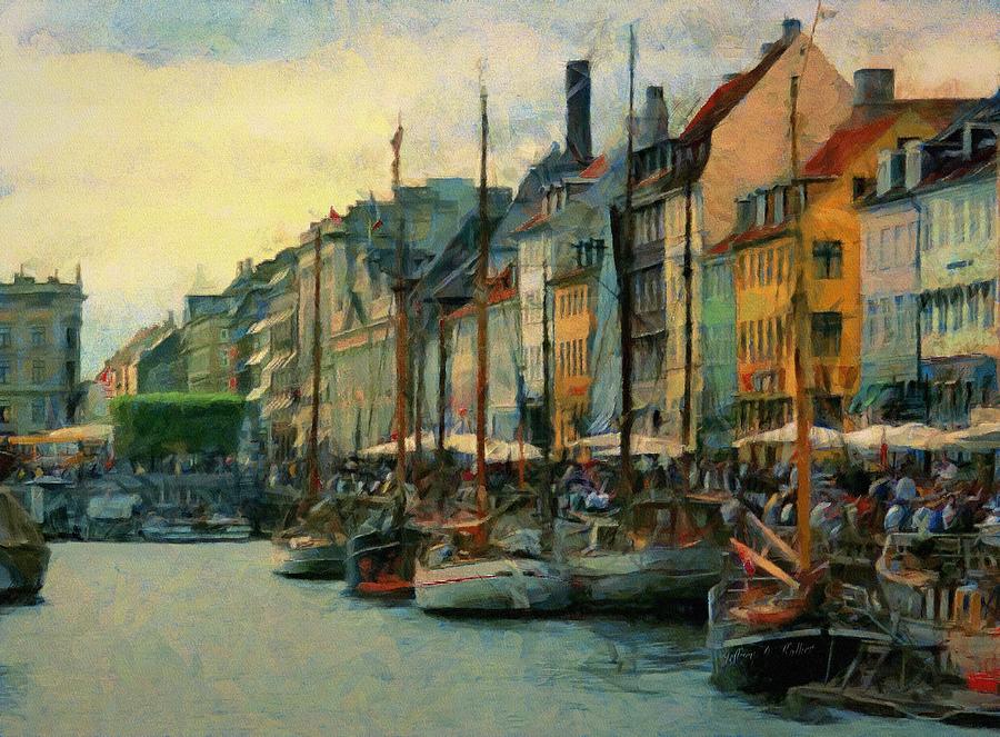 Colorful Harborfront in European City Painting - Nayhavn Street by Jeffrey Kolker