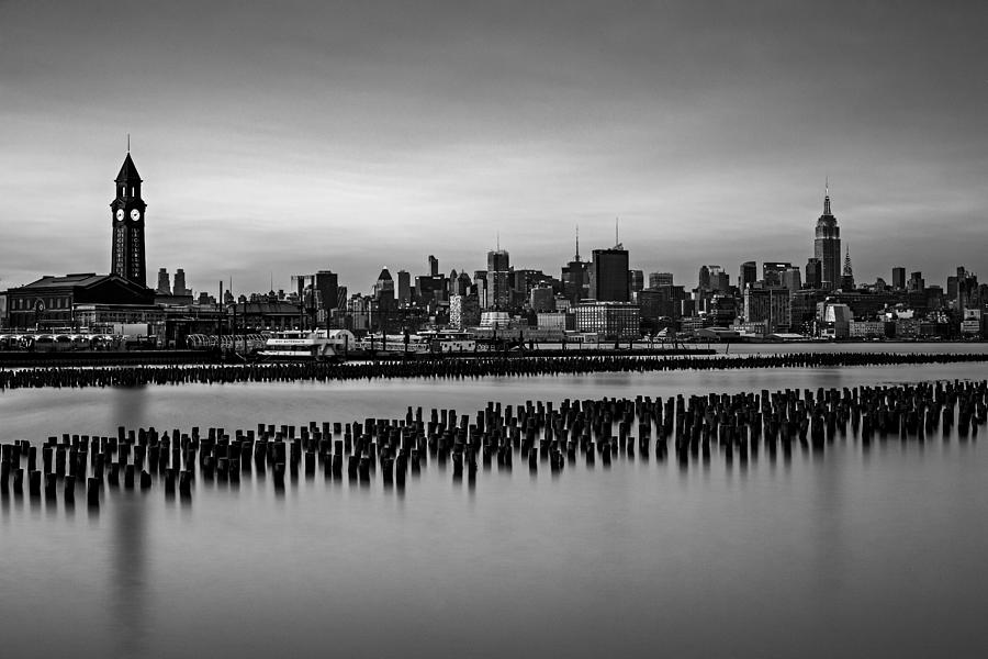 New York City Skyline at Dusk Photograph - New York City Skyline Stillness BW by Susan Candelario