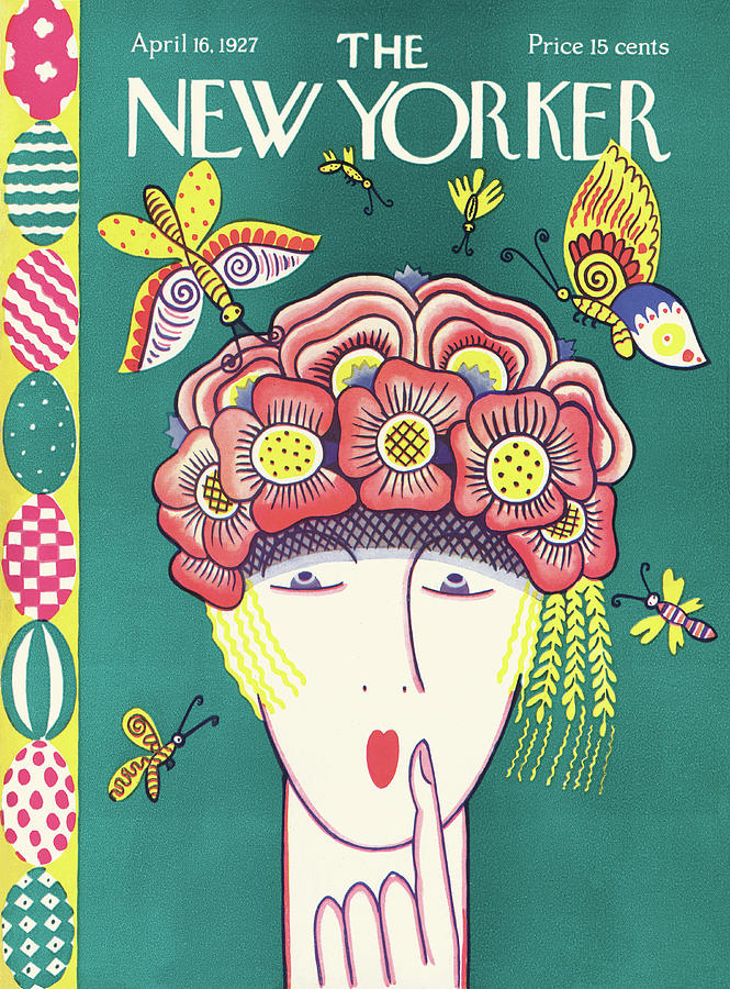 Whimsical Floral Headpiece and Butterflies Painting - New Yorker April 16th, 1927 by Ilonka Karasz
